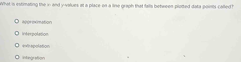 What is estimating the x - and y -values at a place on a line graph that falls between plotted data points called?
approximation
interpolation
extrapolation
integration