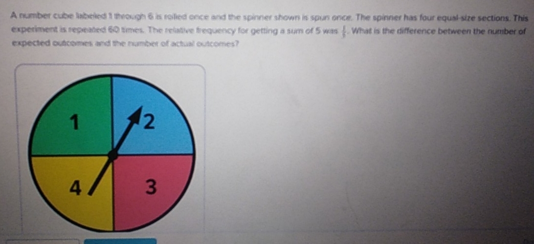 A number cube labeled 1 through 6 is roiled once and the spinner shown is spun once. The spinner has four equal-size sections. This 
experiment is repeated 60 times. The relative frequency for getting a sum of 5 was  1/9 . What is the difference between the number of 
expected outcomes and the number of actual outcomes?