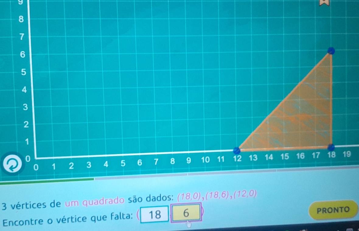 9 
9 
3 vértices de um quadrado são dados: (18,0), (18,6), (12,0)
Encontre o vértice que falta: 18 6 
proNto