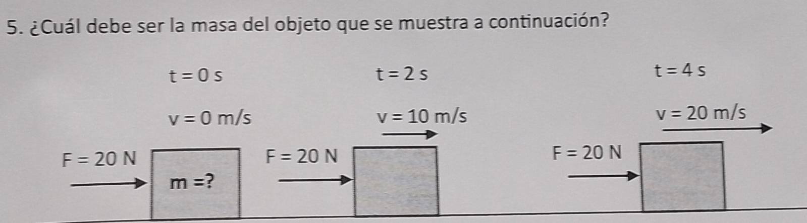 ¿Cuál debe ser la masa del objeto que se muestra a continuación?
t=0s
t=2s
t=4s
v=0m/s
v=10m/s
v=20m/s
F=20N
F=20N
F=20N
m= ?