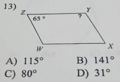 A) 115° B) 141°
C) 80° D) 31°