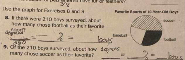 norpew 
_ 
Use the graph for Exercises 8 and 9. Favorite Sports of 10 -Year-Old Boys 
8. If there were 210 boys surveyed, about 
how many chose football as their favorite 
sport? 
_ 
9. Of the 210 boys surveyed, about how 
_ 
_ 
_ 
many chose soccer as their favorite? =