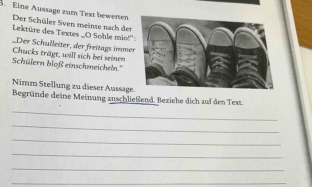 Eine Aussage zum Text bewerten 
Der Schüler Sven meinte nach der 
Lektüre des Textes ,,O Sohle mio!“ 
„,Der Schulleiter, der freitags imme 
Chucks trägt, will sich bei seinen 
Schülern bloß einschmeicheln.'' 
Nimm Stellung zu dieser Aussage 
Begründe deine Meinung anschließend. Beziehe dich auf den Text. 
_ 
_ 
_ 
_ 
_ 
_