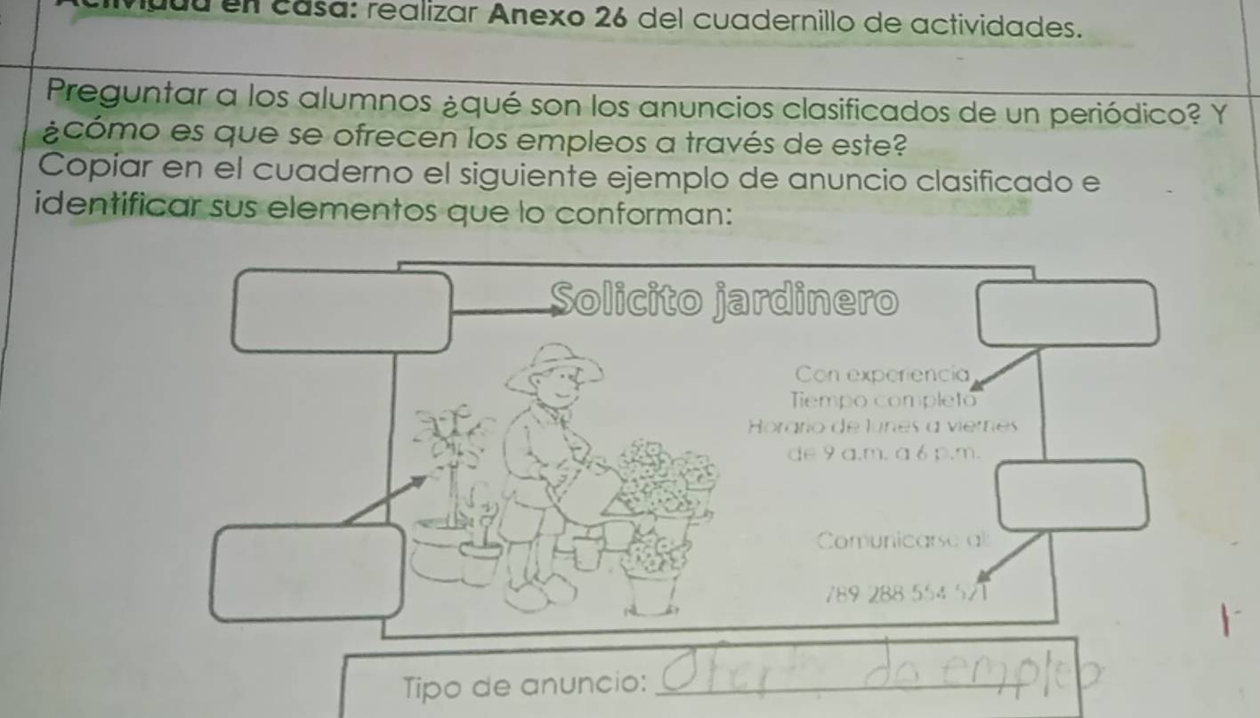 uu en casa: realizar Anexo 26 del cuadernillo de actividades. 
Preguntar a los alumnos ¿qué son los anuncios clasificados de un periódico? Y 
¿cómo es que se ofrecen los empleos a través de este? 
Copíar en el cuaderno el siguiente ejemplo de anuncio clasificado e 
identificar sus elementos que lo conforman: 
Solicito jardinero 
Con experiencia 
Tiempo completo 
Horárío de lunes a vieres 
de 9 a.m, a6 p.m. 
Comunicarse a
789 288 554 521
Tipo de anuncio:_