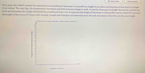Watch Video Show Exumplies 
On a snow day, Khalil created two snowmen in his backyard. Snowman A was built to a height of 30 inches and Snowman B was built to a height 
of 40 inches. The next day, the temperature increased and both snowmen began to melt. At sunrise, Snowman A's height decrease by 2 inches per
hour and Snowman B's height decreased by 3 inches per hour. Let A represent the height of Snowman A f hours after sunrise and let B represent 
the height of Snowman B& hours after sunrise. Graph each function and determine how tall each snowman is when they are the same height.