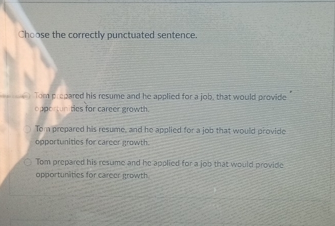 Choose the correctly punctuated sentence.
Tom prepared his resume and he applied for a job, that would provide
opportunities for career growth.
Tom prepared his resume, and he applied for a job that would provide
opportunities for career growth.
Tom prepared his resume and he applied for a job that would provide
opportunities for career growth.