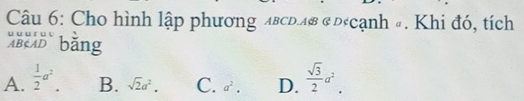 Cho hình lập phương ΔвсD.лÆ @ Décạnh #. Khi đó, tích
z bàng
A.  1/2 a^2 B. sqrt(2)a^2. C. a^2. D.  sqrt(3)/2 a^2.