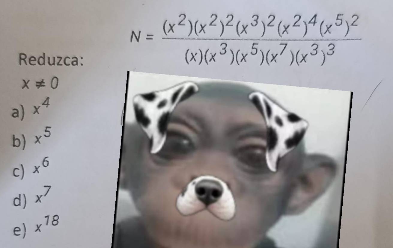 Reduzca:
N=frac (x^2)(x^2)^2(x^3)^2(x^2)^4(x^5)^2(x)(x^3)(x^5)(x^7)(x^3)^3
x!= 0
a) x^4
b) x^5
c) x^6
d) x^7
e) x^(18)