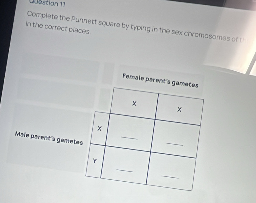 in the correct places. Complete the Punnett square by typing in the sex chromosomes of th 
Fem 
Male parent's gamet