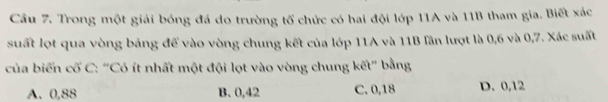 Trong một giải bóng đá do trường tổ chức có hai đội lớp 11A và 11B tham gia. Biết xác
suất lọt qua vòng bảng để vào vòng chung kết của lớp 11A và 11B lần lượt là 0,6 và 0, 7. Xác suất
của biến cố C: “Có ít nhất một đội lọt vào vòng chung kết" bằng
A. 0,88 B. 0,42 C. 0,18 D. 0,12