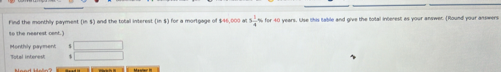 Find the monthly payment (in $) and the total interest (in $) for a mortgage of $46,000 at 5 1/4  % for 40 years. Use this table and give the total interest as your answer. (Round your answers 
to the nearest cent.) 
Monthly payment $ □
Total interest $ □
Head it Walch it Mäster It