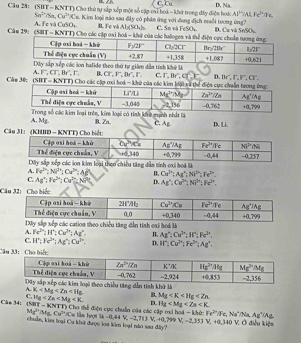 B. Zn. C. Cu. D. Na.
Câu 28: (SBT - KNTT) Cho thứ tự sắp xếp một số cặp oxi hoá - khứ trong dãy diện hoá: Al^(3+)/Al,Fe^(2+)/Fe,
Sn^(2+)/Sn,Cu^(2+)/Cu 1. Kim loại nào sau đây có phản ứng với dung dịch muối tương ứng?
A. Fe và CuSO₄ 4 B. Fe và Al_2(SO_4)_3. C. Sn và FeSO_4. D. Cu và SnSO_4.
Câu 29: (SBT - KNTT) Cho các cặp oxi hoá - khử của các halogen
ính khử là
A. F¯, Cl¯, Br¯, F. B. Cl¯, F¯, Br¯, I. C. I , Br¯, Cl, F¯. D. Br¯, I¯, F¯, Cl.
Câu 30: (SBT - KNTT) Cho các cặp oxi hoá - khử của các kim lo
im loại có tính khử mạnh nhất là
A. Mg. B. Zn. C. Ag. D. Li.
Câu 31: (KHBD - KNTT) Cho biết:
chiều tăng dần tính oxi hoá là
A. Fe^(2+);Ni^(2+);Cu^(2+);Ag
B. Cu^(2+);Ag^+;Ni^(2+);Fe^(2+).
C. Ag^+;Fe^(2+);Cu^(2+);Ni^(2+). D. Ag^+;Cu^(2+);Ni^(2+);Fe^(2+).
Câu 32: Cho biết:
xếp các cation theo chiều tăng dần tính oxi hoá là
A. Fe^(2+);H^+;Cu^(2+);Ag^+. B. Ag^+;Cu^(2+);H^+;Fe^(2+).
C. H^+;Fe^(2+);Ag^+;Cu^(2+).
D. H^+;Cu^(2+);Fe^(2+);Ag^+.
Câu 33: Cho biết:
ng dần tính khử là
A. K
C. Hg
B. Mg
D. Hg
Câu 34: (SBT - KNTT) Cho thế điện cực chuẩn của các cặp oxỉ hoá - khử: Fe^(2+)/Fe,Na^+/Na,Ag^+/Ag,
Mg^(2+)/Mg,Cu^(2+)/C /Cu lần lượt là −0,44 V,-2,713V,+0,799V, -2 35 3 V, +0,340 V. Ở điều kiện
chuẩn, kim loại Cu khữ được ion kim loại nào sau đây?