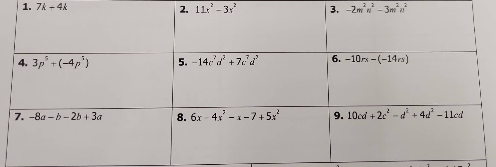 7k+4k 11x^2-3x^2 -2m^2n^2-3m^2n^2