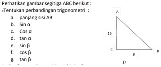 Perhatikan gambar segitiga ABC berikut : 
Tentukan perbandingan trigonometri : 
a. panjang sisi AB
b. sin alpha
C. Cosalpha
d. tan alpha
e. sin beta
f. cos beta
g. tan beta