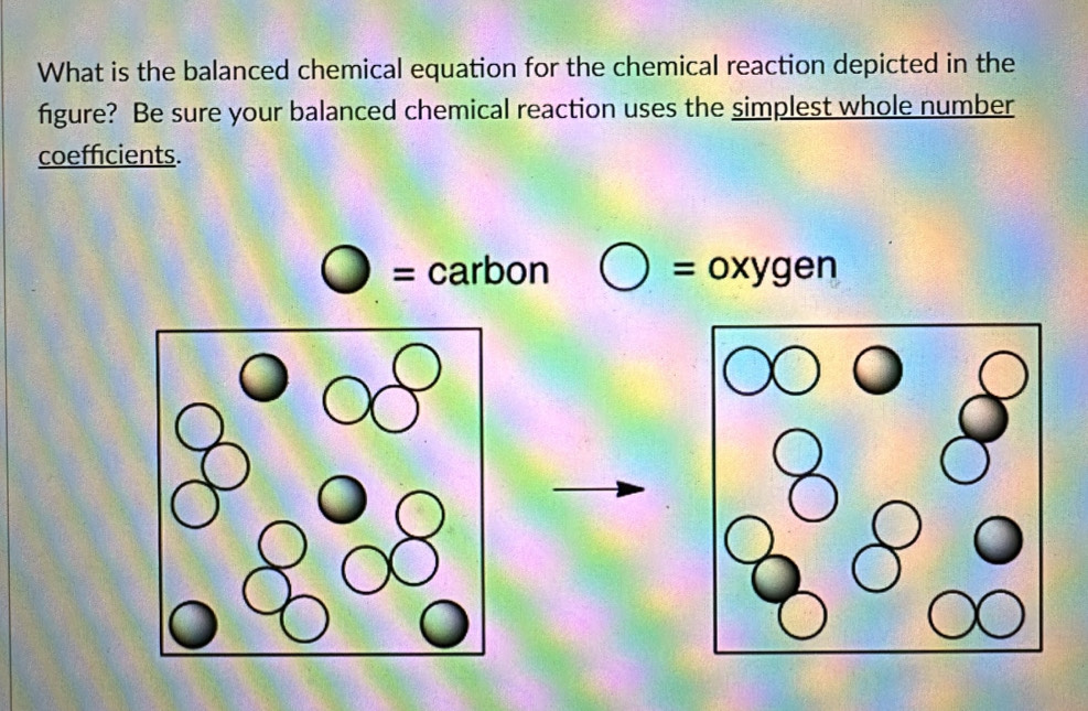 What is the balanced chemical equation for the chemical reaction depicted in the 
figure? Be sure your balanced chemical reaction uses the simplest whole number 
coefficients. 
= carbon = oxygen