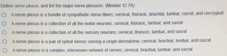 Solved: Define nerve plexus, and list the major nerve plexuses. (Module ...