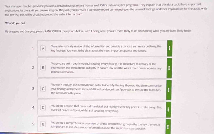 Your manager, Pav, has provided you with a detailed output report from one of RSM's data analytics programs. They explain that this data could have important
implications for the audit you are working on. They ask you to create a summary report commenting on the unusual findings and their implications for the audit, with
the aim that this will be circulated around the wider internal tear.
What do you do?
By dragging and dropping, please RANK ORDER the options below, with 1 being what you are most likely to do and 5 being what you are least likely to do:
You systematically review all the information and provide a concise summary outlining the :
1 A key findings. You want to be clear about the most important points and issues.
You prepare an in-depth report, including every finding. It is important to convey all the
2 B information and implications in depth, to ensure Pav and the wider team does not miss any :
critical information.
You work through the information in order to identify the key themes. You then summarise
3 C your findings and provide some additional evidence in an Appendix to ensure the team has
the information they need.
You create a report that covers all the detail, but highlights the key points to take away. This :
4 D makes it easier to digest, whist still covering everything.
You create a comprehensive overview of all the information, grouped by the key themes, it
5 E is important to include as much information about the implications as possible. :