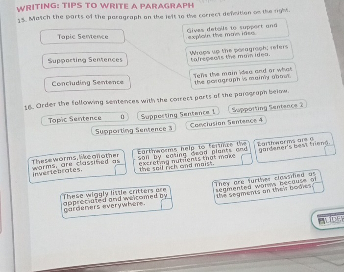 WRITING: TIPS TO WRITE A PARAGRAPH 
15. Match the parts of the paragraph on the left to the correct definition on the right. 
Gives details to support and 
Topic Sentence 
explain the main idea. 
Wraps up the paragraph; refers 
Supporting Sentences 
to/repeats the main idea. 
Tells the main idea and or what 
Concluding Sentence 
the paragraph is mainly about. 
16. Order the following sentences with the correct parts of the paragraph below. 
Topic Sentence 0 Supporting Sentence 1 Supporting Sentence 2 
Supporting Sentence 3 Conclusion Sentence 4 
These worms, like all other Earthworms help to fertilize the 
worms, are classified as soil by eating dead plants and . Earthworms are a 
invertebrates. excreting nutrients that make gardener's best friend. 
the soil rich and moist. 
These wiggly little critters are segmented worms because of 
appreciated and welcomed by They are further classified as 
the segments on their bodies. 
gardeners everywhere. 
ALIDER