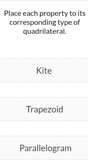 Place each property to its 
corresponding type of 
quadrilateral. 
Kite 
Trapezoid 
Parallelogram