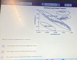 ==== Lnnary
. a .
Which of these statements is correct?
The oldest stars are the brightest stars
The oldest stars are the dimmest stars
The oldest stars have the lowest temperatures.