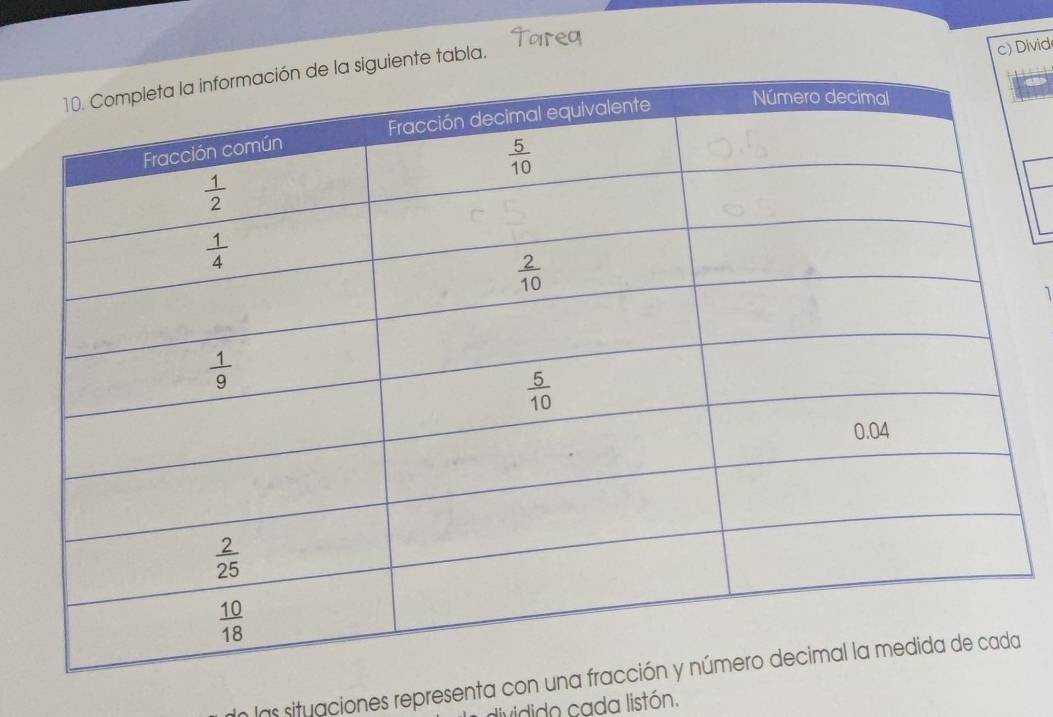 uiente tabla.
c) Divid
1
las situaciones representa con u
ividido cada listón.