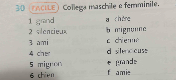 30 (facile Collega maschile e femminile.
1 grand a chère
2 silencieux b mignonne
3 ami c chienne
4 cher d silencieuse
5 mignon e grande
6 chien f amie