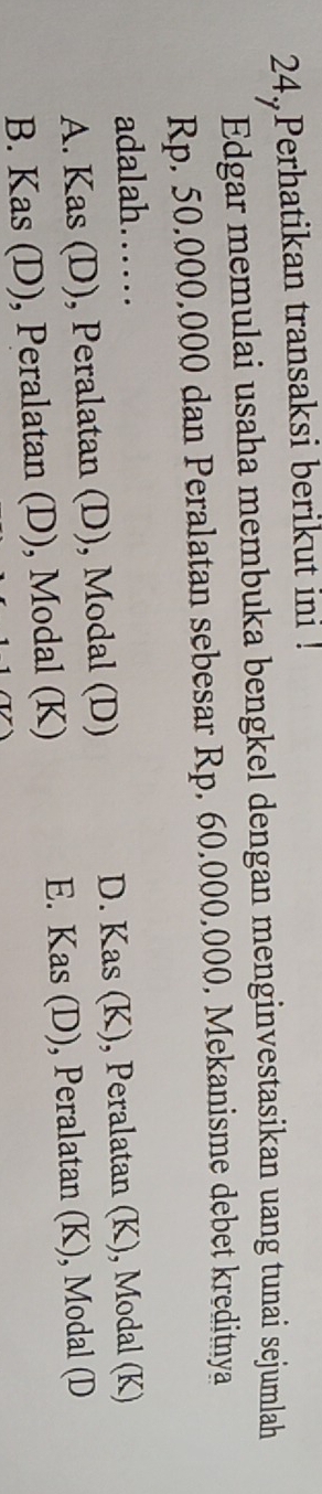 Perhatikan transaksi berikut ini !
Edgar memulai usaha membuka bengkel dengan menginvestasikan uang tunai sejumlah
Rp. 50.000.000 dan Peralatan sebesar Rp. 60.000.000. Mekanisme debet kreditnya
adalah……
A. Kas (D), Peralatan (D), Modal (D) D. Kas (K), Peralatan (K), Modal (K)
B. Kas (D), Peralatan (D), Modal (K) E. Kas (D), Peralatan (K), Modal (D