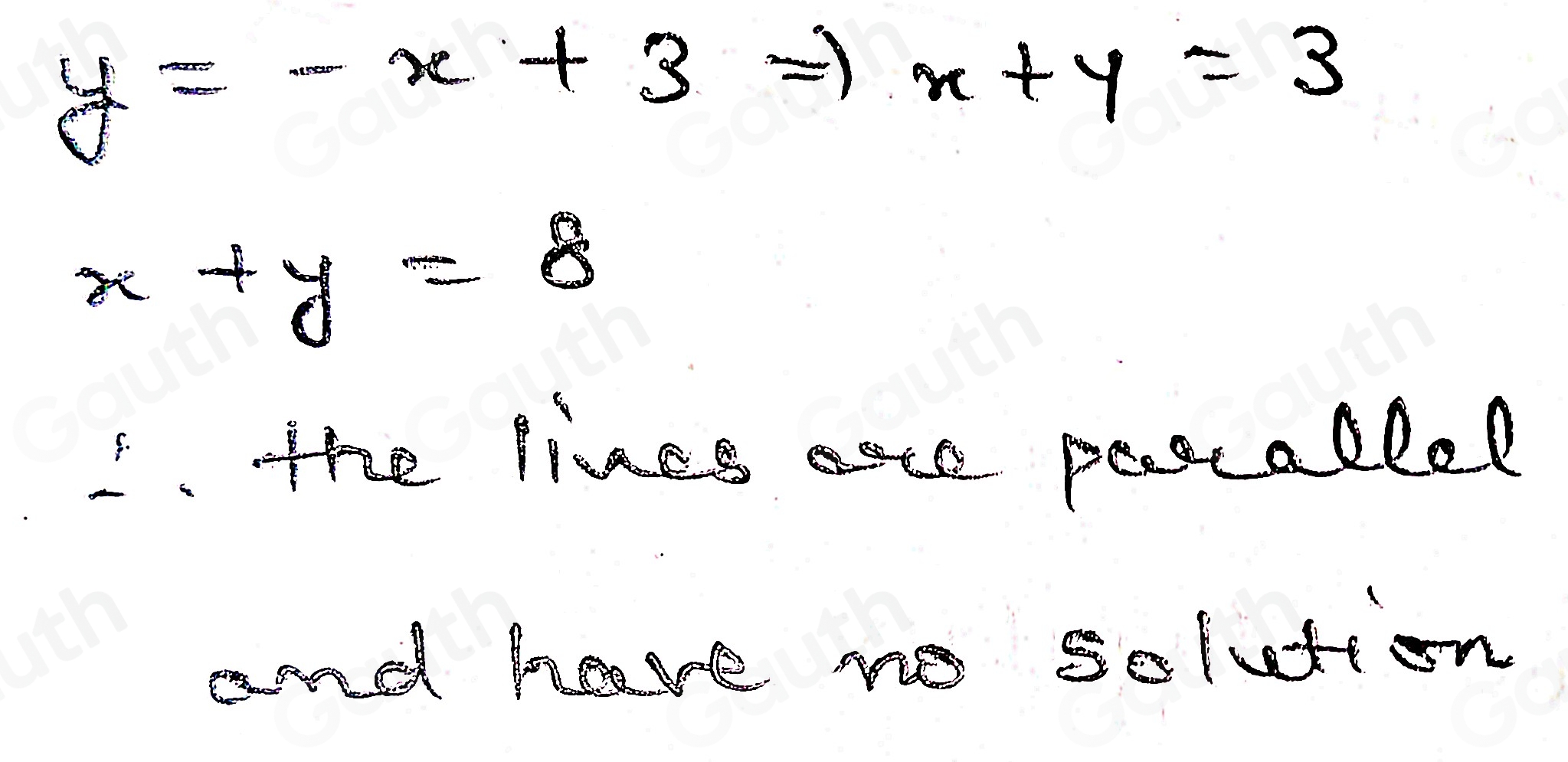 Solved: Use the image to answer the question. Solving the system y=-x+3 ...