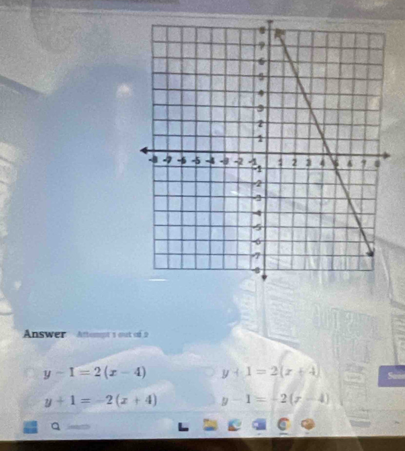 Answer Attampt 1 out of 2
y-1=2(x-4)
y+1=2(x+4) Sue
y+1=-2(x+4)
y-1=-2(x-4)
a
L