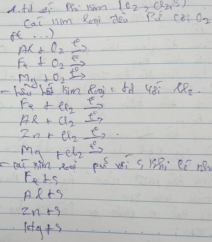 fd ai Bñ kim [O_2,Cl_2,S)
cai lsim Rooi dóù Rú (èi 
oft. . . ) O_2
Al+O_2xrightarrow t_0
F_4+O_2xrightarrow t^2
Mg+O_2xrightarrow t_2
- F he lim Rooi i dd (i Rell _2.
Fe+Cl_2xrightarrow Fe
Al+Cl_2xrightarrow t_7
Zn+el_2xrightarrow e_2
cC 
M x° FCl_2 _  _ () 
cai kim Roei Pu^5 vi s ish; Có n
F_2+S
Al+9
2n+9
1+g+s