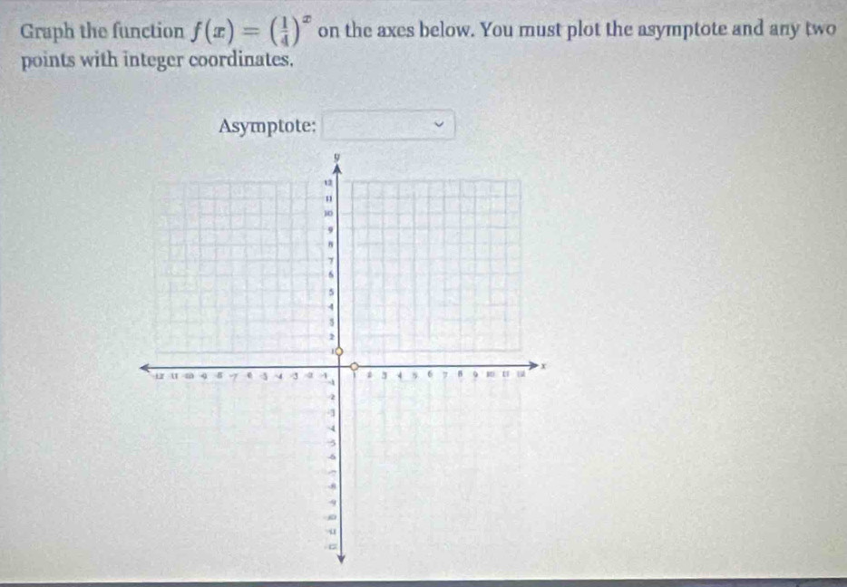 Graph the function f(x)=( 1/4 )^x on the axes below. You must plot the asymptote and any two 
points with integer coordinates. 
Asymptote: