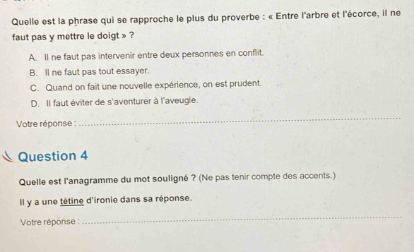 Quelle est la phrase qui se rapproche le plus du proverbe : « Entre l'arbre et l'écorce, il ne
faut pas y mettre le doigt » ?
A. Il ne faut pas intervenir entre deux personnes en conflit.
B. ll ne faut pas tout essayer.
C. Quand on fait une nouvelle expérience, on est prudent.
D. Il faut éviter de s'aventurer à l'aveugle.
Votre réponse :
_
Question 4
Quelle est l'anagramme du mot souligné ? (Ne pas tenir compte des accents.)
Il y a une tétine d'ironie dans sa réponse.
Votre réponse :
_