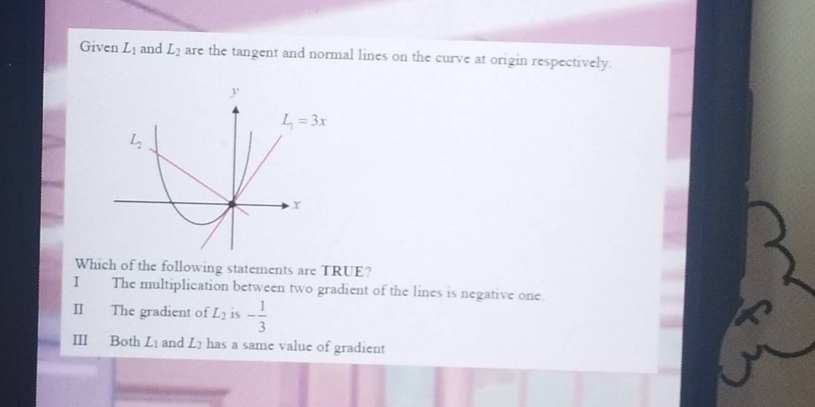 Given L_1 and L_2 are the tangent and normal lines on the curve at origin respectively.
Which of the following statements are TRUE?
I The multiplication between two gradient of the lines is negative one
II The gradient of L_2 is - 1/3 
III Both L_1 and L_2 has a same value of gradient