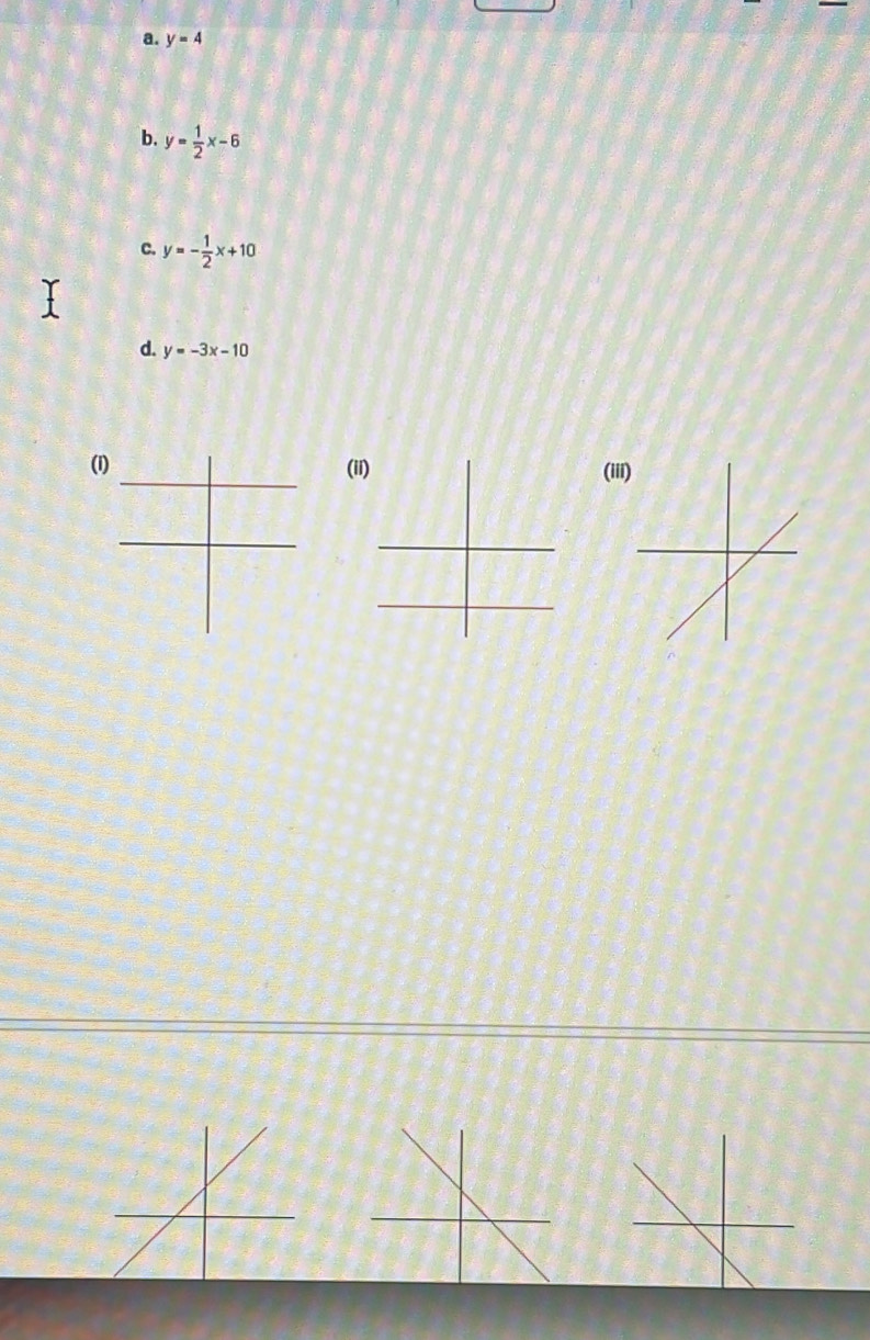 y=4
b. y= 1/2 x-6
c. y=- 1/2 x+10
d. y=-3x-10
(i(i(ii