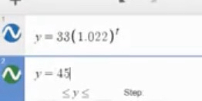 y=33(1.022)^t
y=45|
≤ y≤ Step