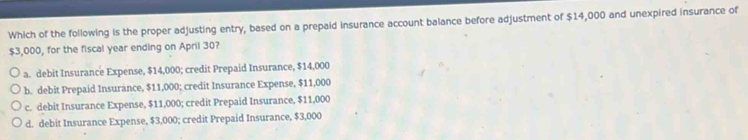 Which of the following is the proper adjusting entry, based on a prepaid insurance account balance before adjustment of $14,000 and unexpired insurance of
$3,000, for the fiscal year ending on April 30?
a. debit Insurance Expense, $14,000; credit Prepaid Insurance, $14,000
b. debit Prepaid Insurance, $11,000; credit Insurance Expense, $11,000
c. debit Insurance Expense, $11,000; credit Prepaid Insurance, $11,000
d. debit Insurance Expense, $3,000; credit Prepaid Insurance, $3,000