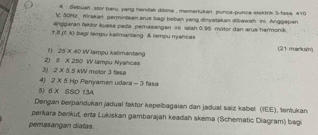 Sebuah stor baru, yang hendak dibina , memerlukan punca-punca elektrik 3 -fasa 410
V, 50Hz. Kirakan permintaan arus bagi beban yang dinyatakan dibawah ini. Anggapan 
anggaran faktor kuasa pada pemasangan ini ialah 0.95 motor dan arus harmonik
1.8.(f.k) ) bagi lampu kalimantang. & lampu nyahcas 
(21 markah) 
1) 25* 40W lampu kalimantang 
2) 5* 250 W / lampu Nyahcas 
3) 2* 5.5kW motor 3 fasa 
4) 2* 5Hp Penyaman udar a-3 fasa 
5) 6*. SSO 13A 
Dengan berpandukan jadual faktor kepelbagaian dan jadual saiz kabel (IEE), tentukan 
perkara berikut, erta Lukiskan gambarajah keadah skema (Schematic Diagram) bagi 
pemasangan diatas.