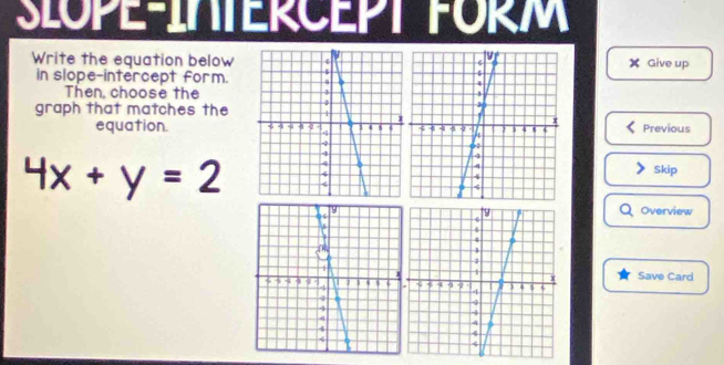 SLOPE-INTERCEPT FORM 
Write the equation belowX Give up 
in slope-intercept form. 
Then, choose the 
graph that matches the Previous 
equation 
Skip
4x+y=2
Overview 
Save Card