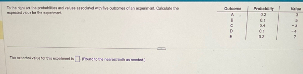 To the right are the probabilities and values associated with five outcomes of an experiment. Calculate the 
expected value for the experiment . 
The expected value for this experiment is □. (Round to the nearest tenth as needed.)