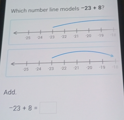 Which number line models -23+8 2 
Add.
-23+8=□