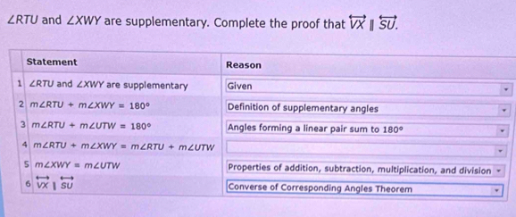 ∠ RTU and ∠ XWY are supplementary. Complete the proof that overleftrightarrow VXparallel overleftrightarrow SU.