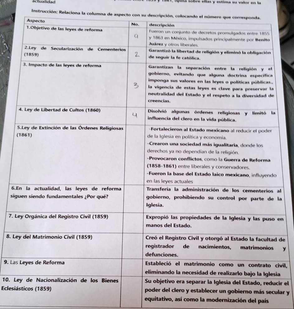 actualidad 31, ópina sobre ellas y estima su valor en la 
Instrucción: Relaciona la columna de aspecto con su descr 
6l 
sia 
7. en 
8. Lde 
y 
9. Laivil, 
a 
10. Lir el 
Eclesilar y 
equitativo, así como la modernización del país