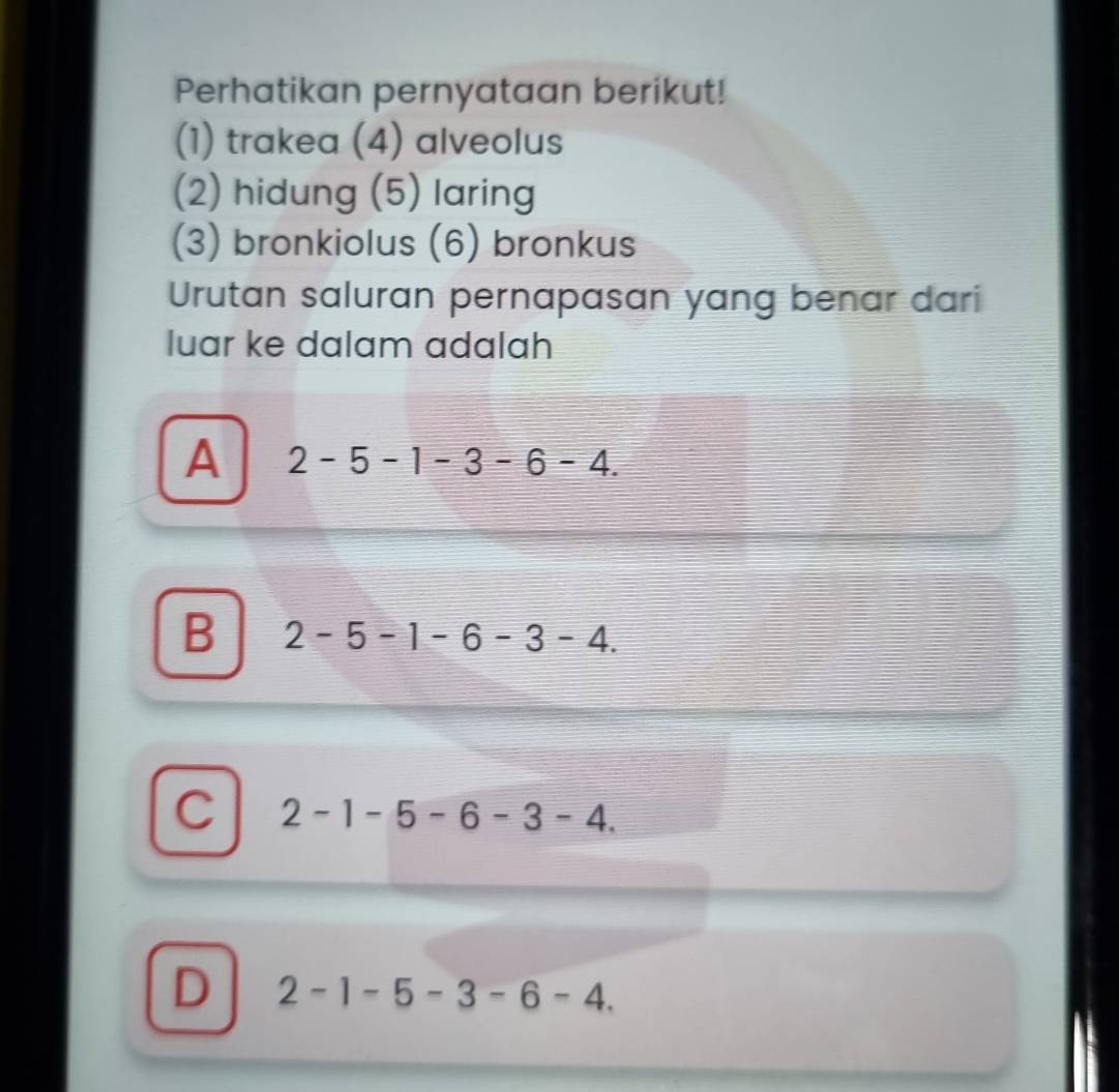 Perhatikan pernyataan berikut!
(1) trakea (4) alveolus
(2) hidung (5) laring
(3) bronkiolus (6) bronkus
Urutan saluran pernapasan yang benar dari
luar ke dalam adalah
A 2-5-1-3-6-4.
B 2-5-1-6-3-4.
C 2-1-5-6-3-4.
D 2-1-5-3-6-4.