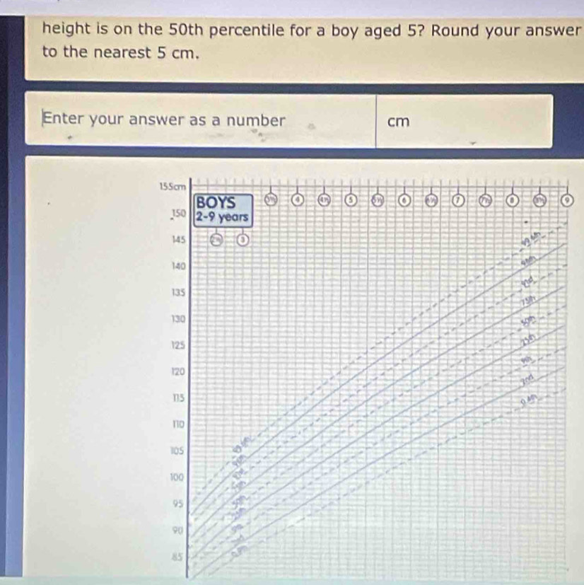 height is on the 50th percentile for a boy aged 5? Round your answer 
to the nearest 5 cm. 
Enter your answer as a number cm
155cm
BOYS 6 a 
a
150 2 - 9 years
145
a
140
04
135
19h
130
125
250
120 wh 
Zod
15
949
no
10S
100 a^^circ 
95
90
85