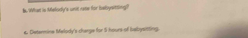 Ib. What is Melody's unit rate for babysitting? 
a. Determine Melody's charge for 5 hours of bebysitting.