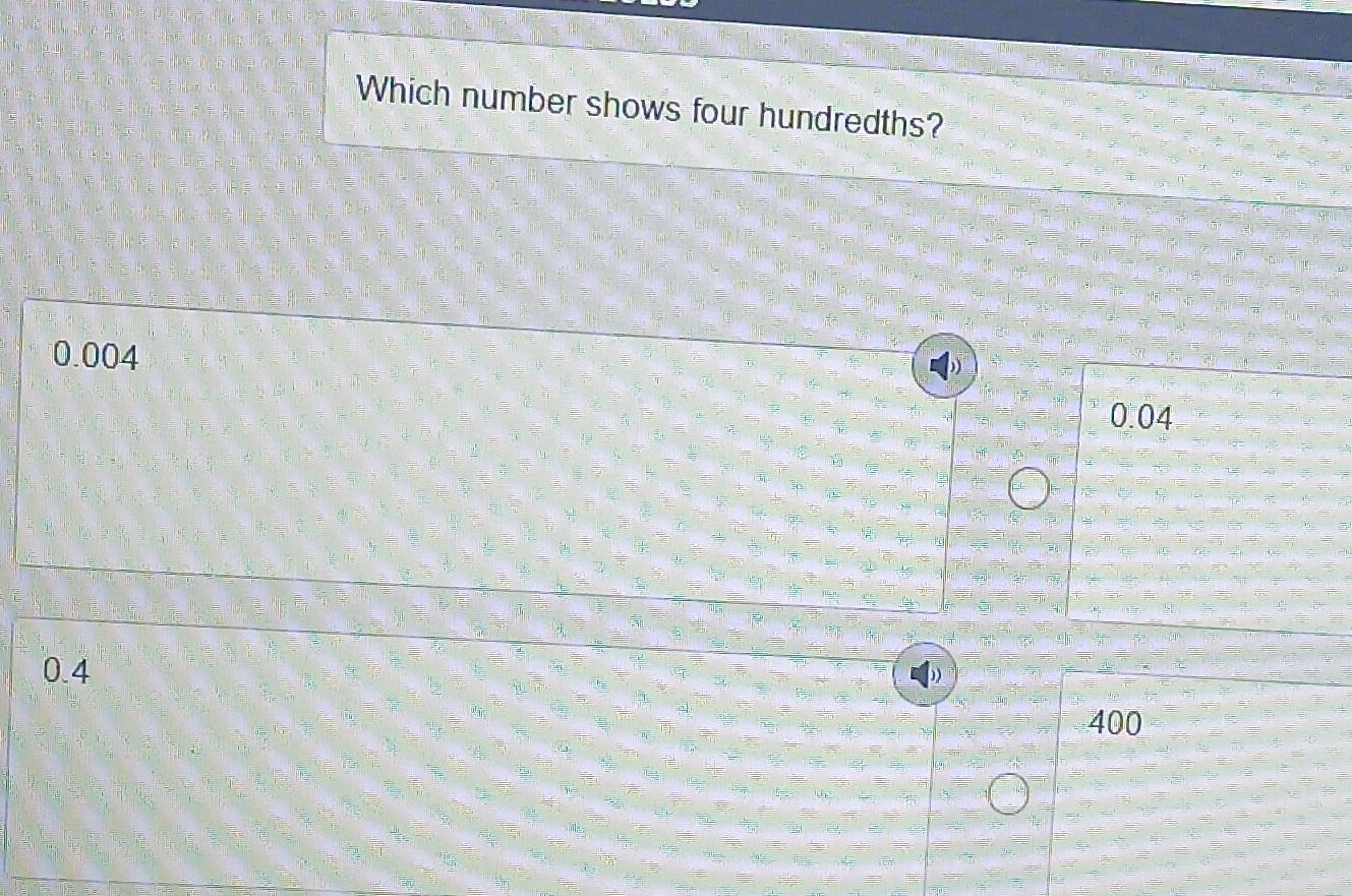 Solved: Which number shows four hundredths? 0.004 0.04 0.4 400 [Math]