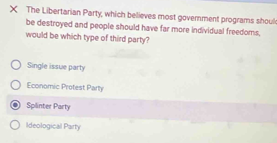 × The Libertarian Party, which believes most government programs shoul
be destroyed and people should have far more individual freedoms,
would be which type of third party?
Single issue party
Economic Protest Party
Splinter Party
Ideological Party