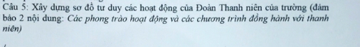 Xây dựng sơ đồ tư duy các hoạt động của Đoàn Thanh niên của trường (đám 
bảo 2 nội dung: Các phong trào hoạt động và các chương trình đồng hành với thanh 
niên)