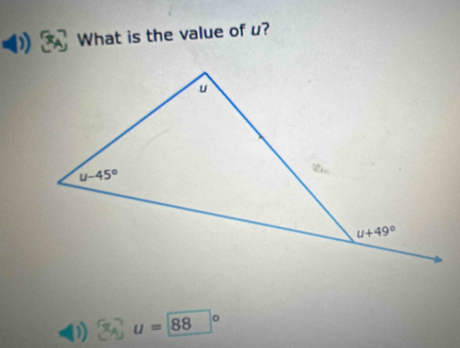 What is the value of u?
x_A u=88°