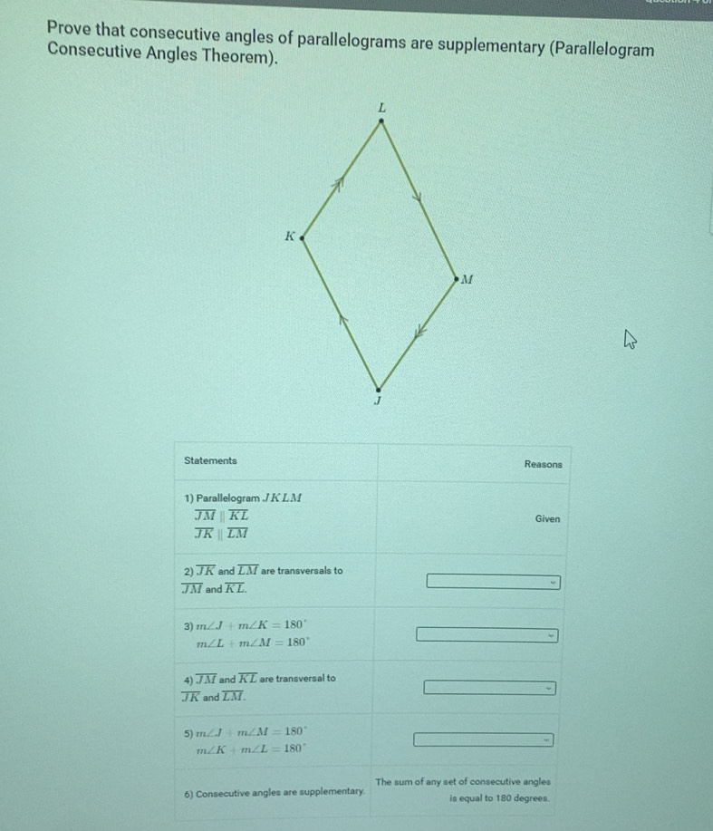 Solved: Prove that consecutive angles of parallelograms are ...